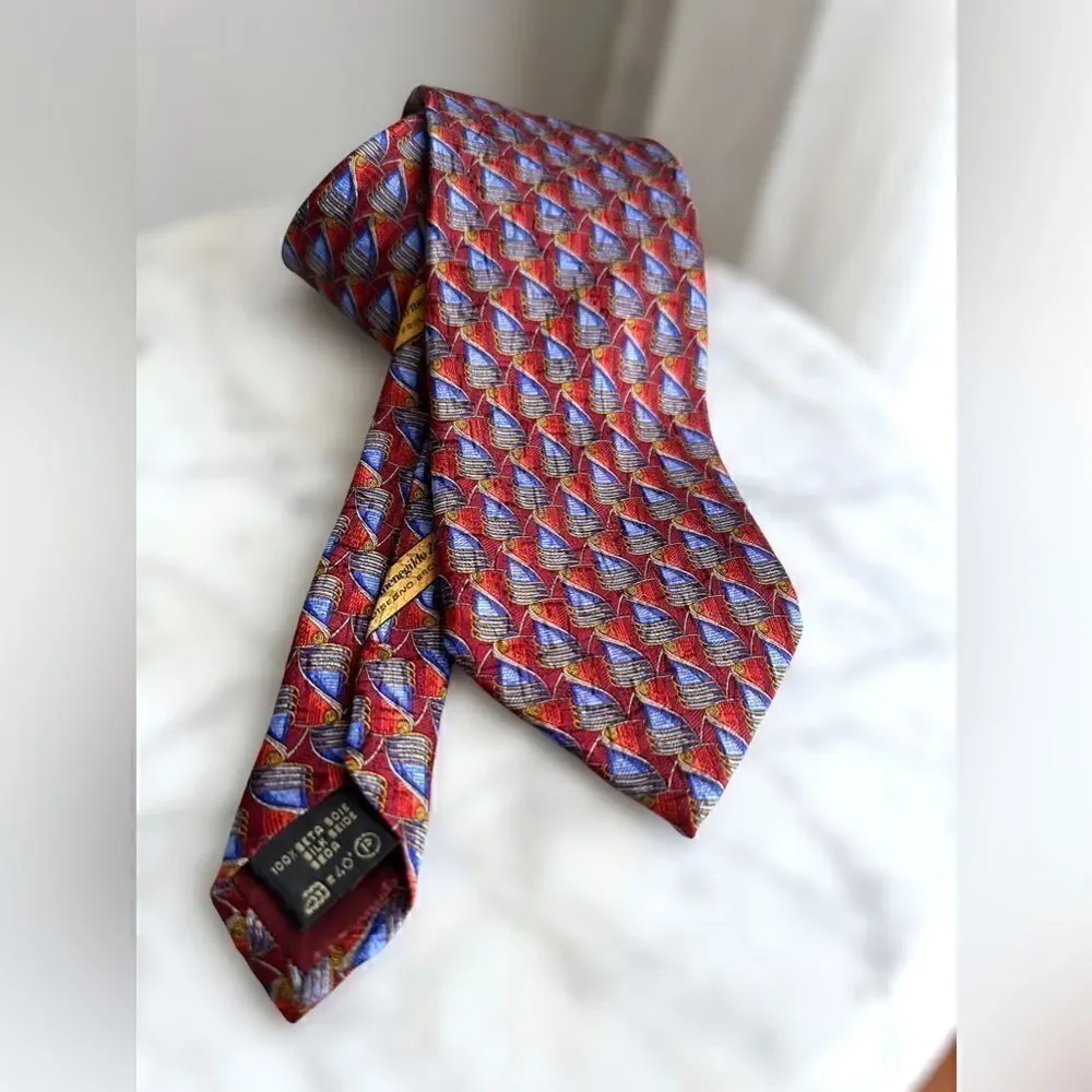 Ermenegildo Zegna Red Blue Gold geometric silk tie Italy